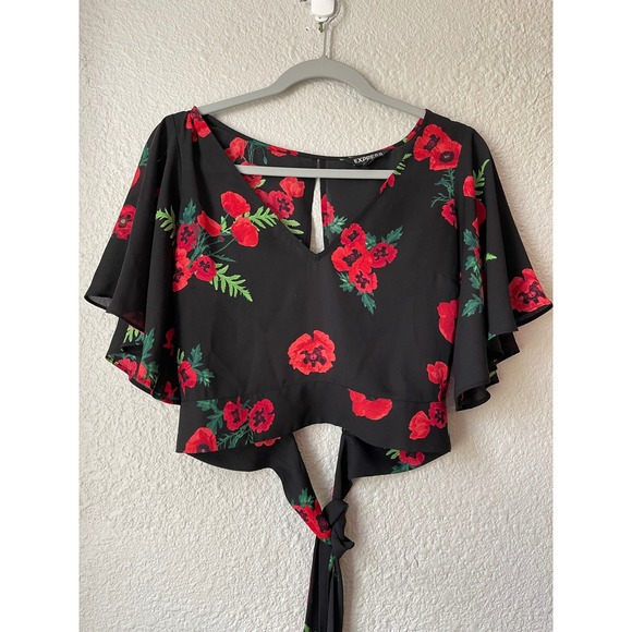 Express Tops - Express Floral Blouse Tie Front Flutter Sleeve Keyhole Black Red XS‎
